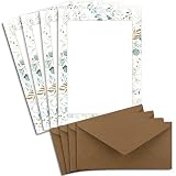 Juego de 25 sobres DIN A4 – Papel natural en crema – Marco con ramas de eucalipto – con sobres DIN largo en papel de estraza marrón natural papel de carta imprimible ideal para invitaciones de boda