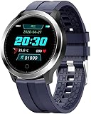 wyingj Reloj inteligente Fitness Tracker impermeable IP68 Blutooth redondo Smartwatch con notificación de mensajes, monitor de sueño, reloj deportivo al aire libre, para mujeres y hombres, gris-azul